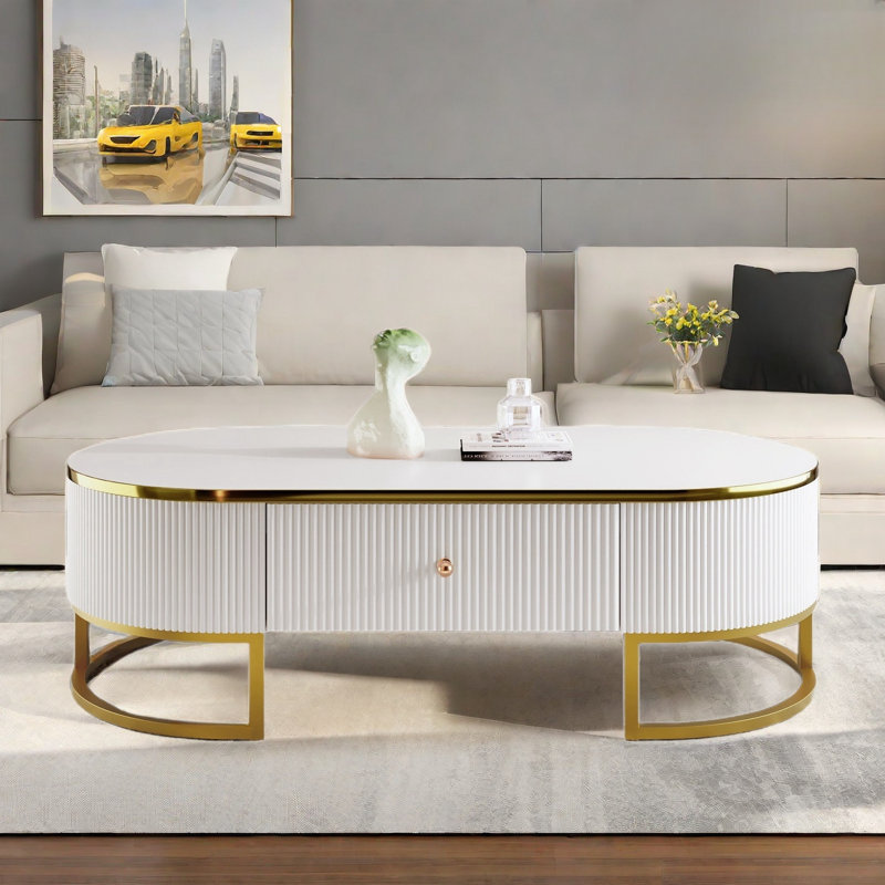 Oval Coffee Table With 2 Drawers Curved Profile Design Gold Metal Decor And Stainless Steel Frame